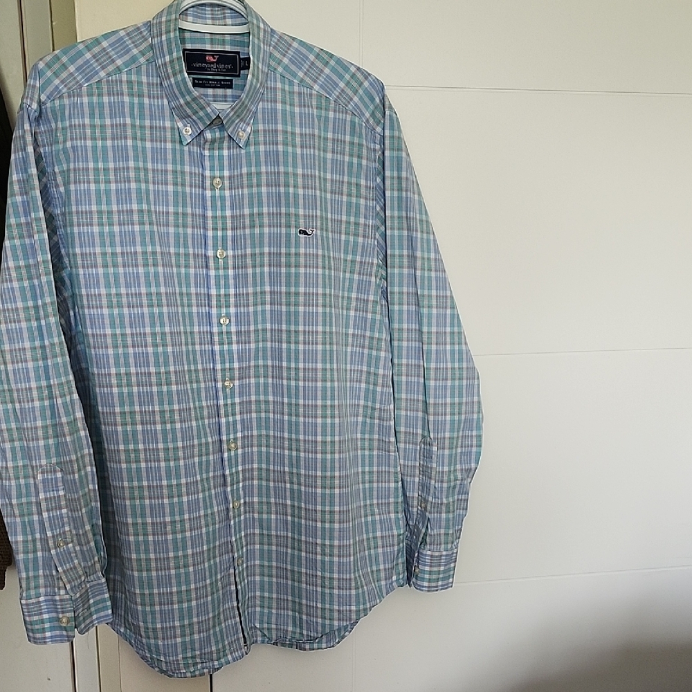 Vineyard Vines Size L Blue Green Plaid Shirt